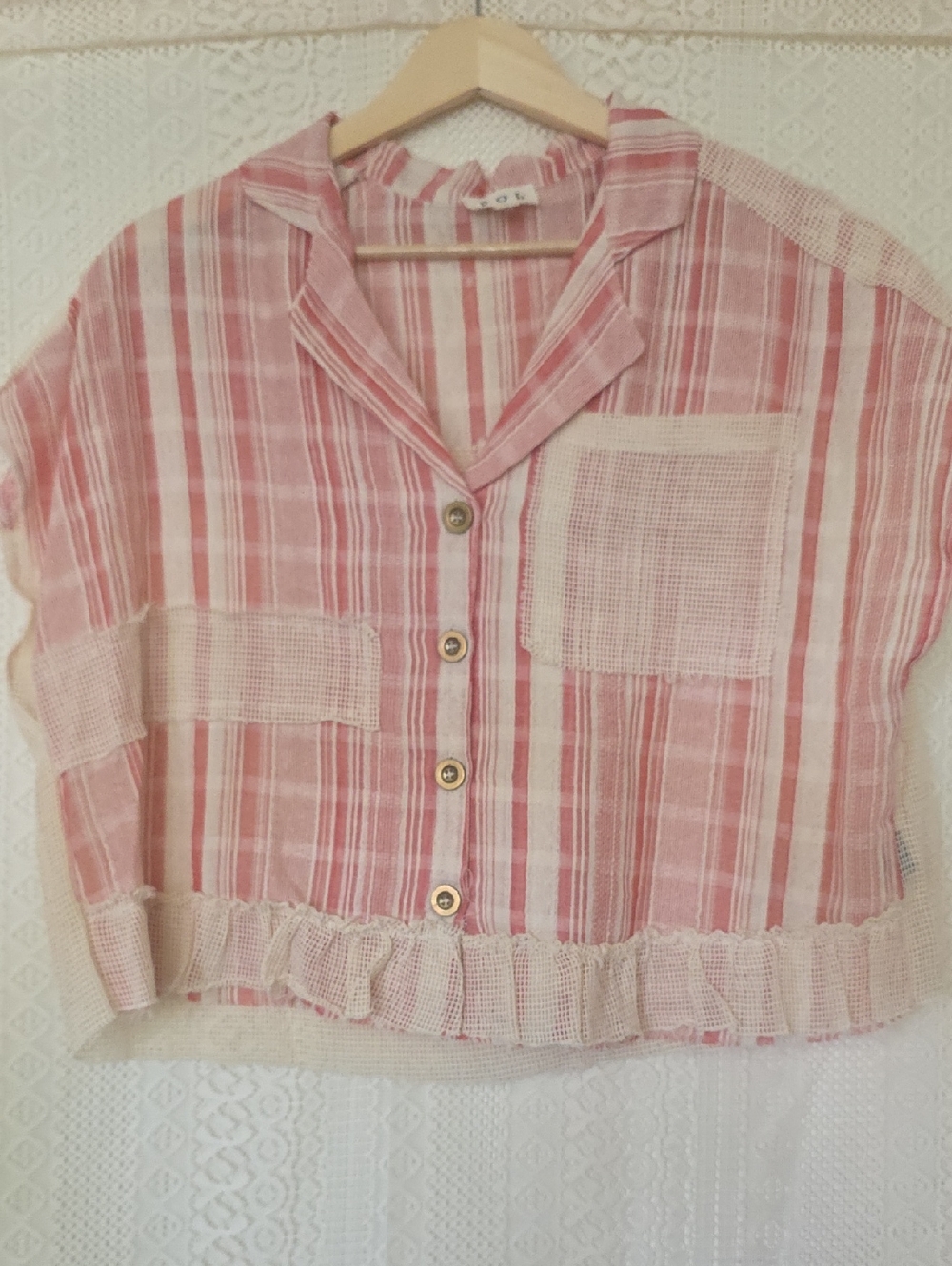 POL Pink Stripe Gauze Ruffle Hem Button Top NWT Small Boho